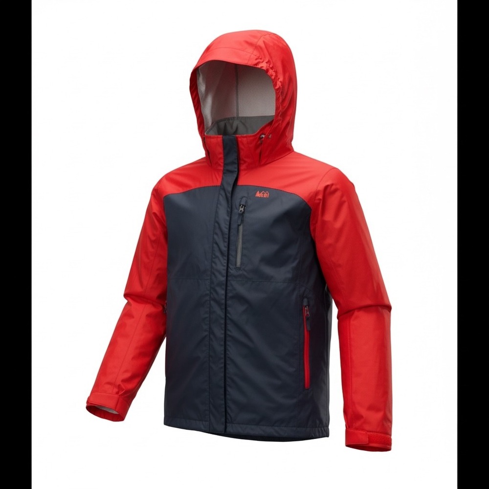 REI Boys XL 18 Rain Jacket Red Navy Blue Hooded Waterproof Windbreaker‎ Shell